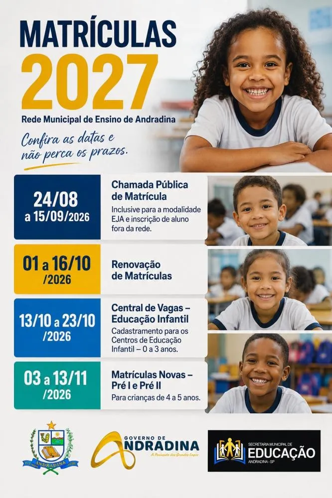 Andradina define calendário de matrículas para o ano letivo de 2027